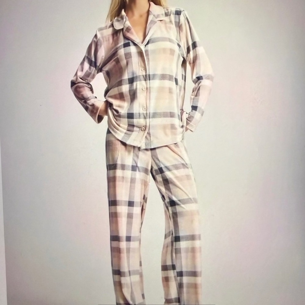 SOMA‎ Microfleece PJ Set Notch Neck Jogger Pants Prism Plaid Grey L New W/ Tags